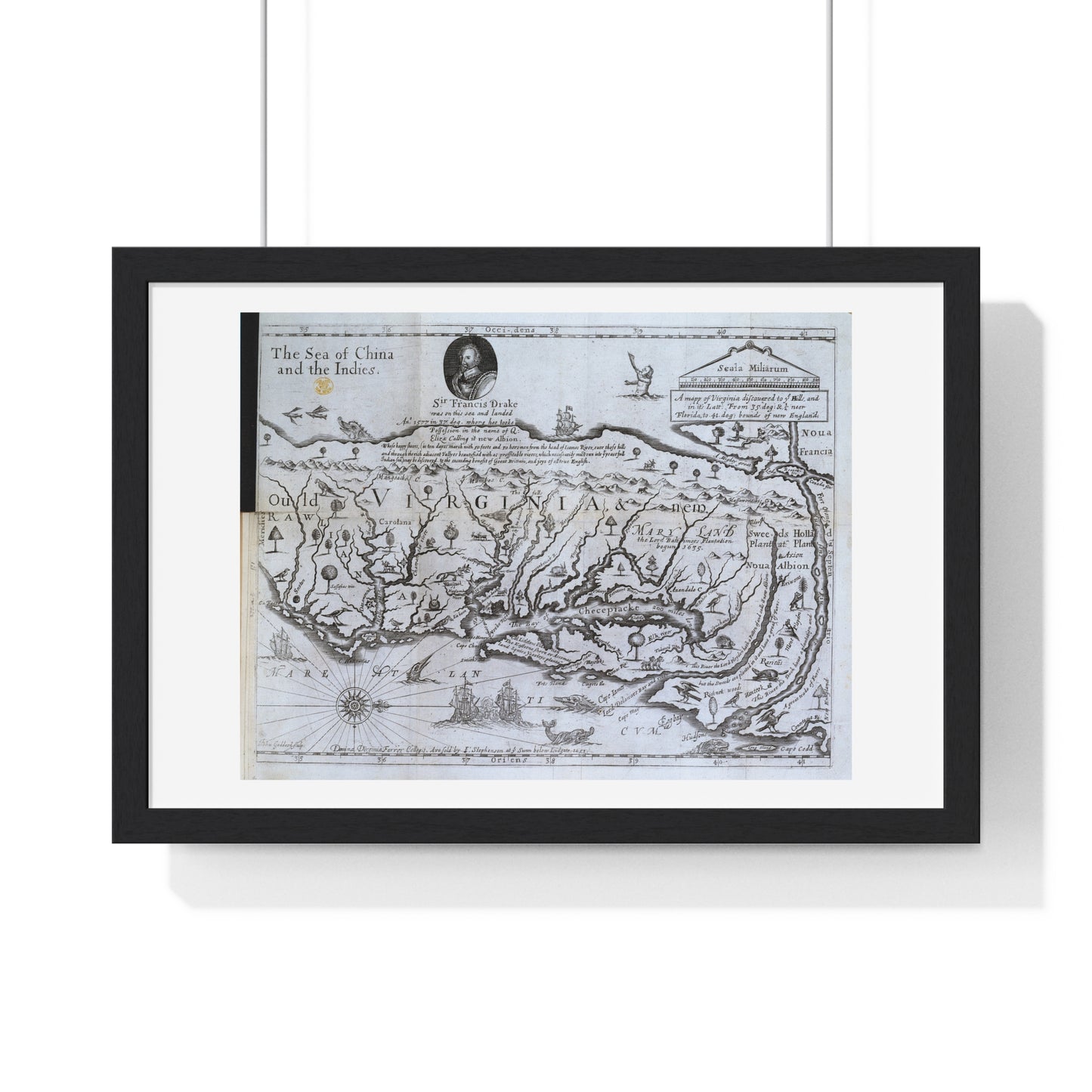 Antique Map of Virginia 'The Discovery of New Brittaine' (1651) from the Original Drake Manuscript, Framed Print