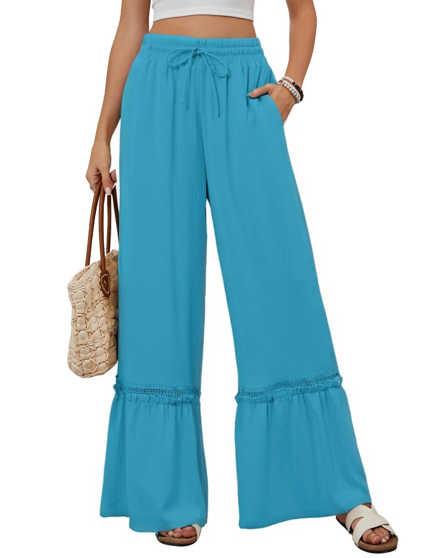 High-Waist Casual Pants, Women's Drawstring Wide-Leg Trousers