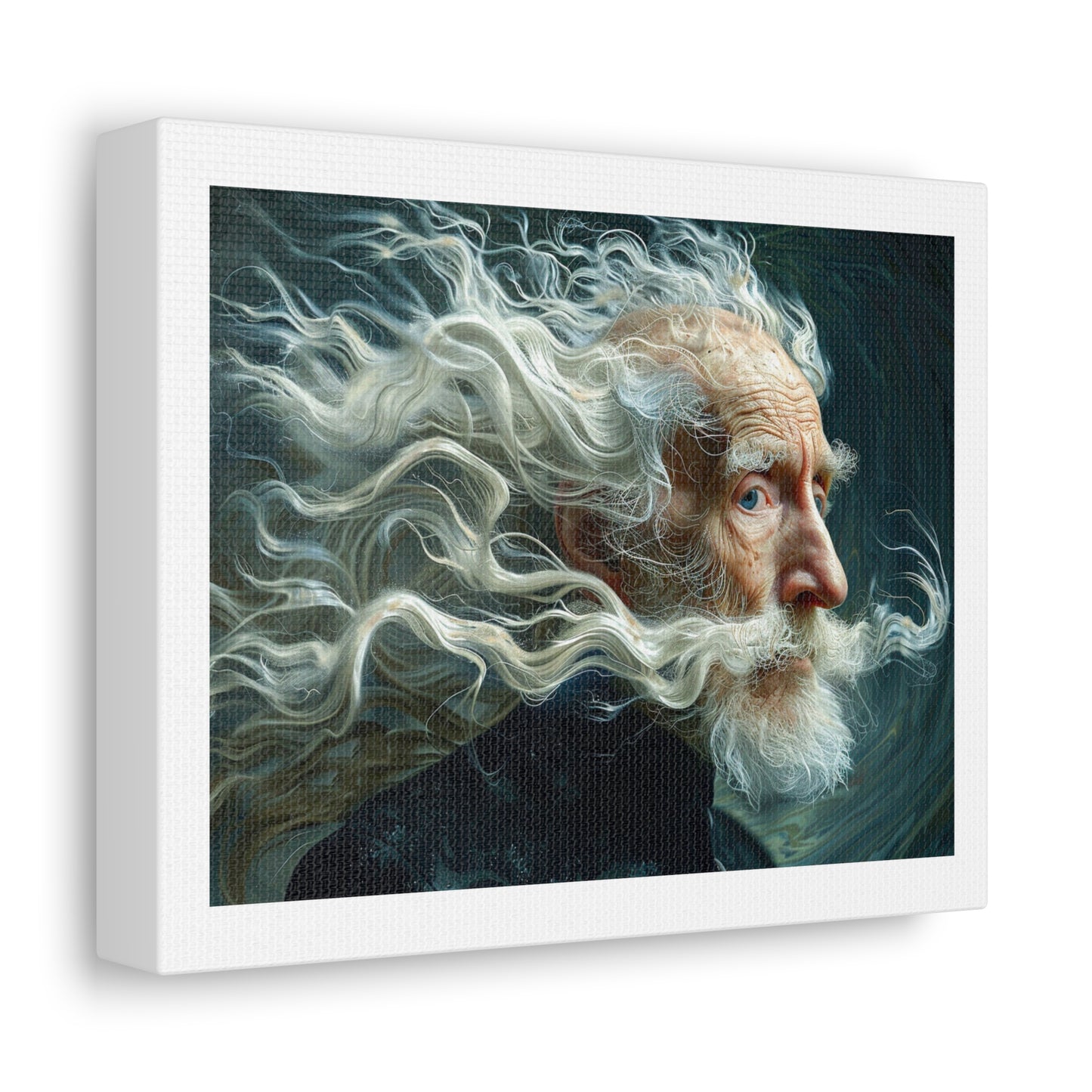 Old Man with Flowing White Hair Photorealism 'Designed by AI' Art Print on Canvas