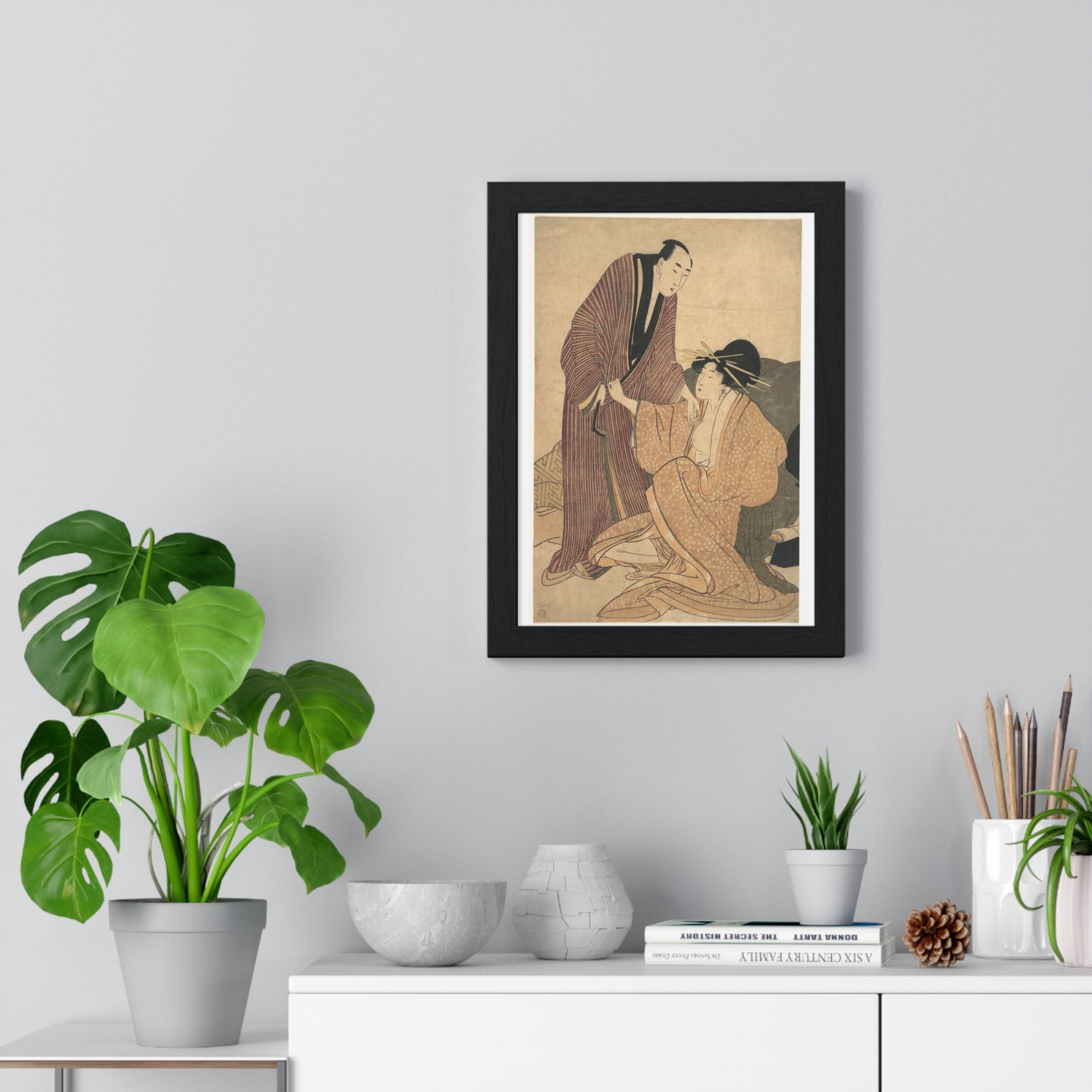 Japanese Vintage Art: Parting of Lovers, the Courtesan and her Lover (circa 1800) by Utamaro Kitagawa, Framed Art Print