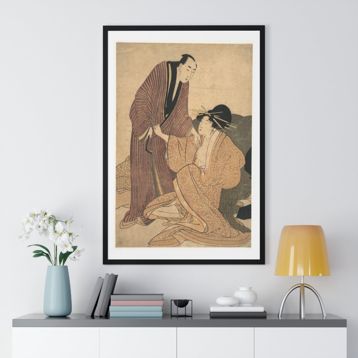 Japanese Vintage Art: Parting of Lovers, the Courtesan and her Lover (circa 1800) by Utamaro Kitagawa, Framed Art Print