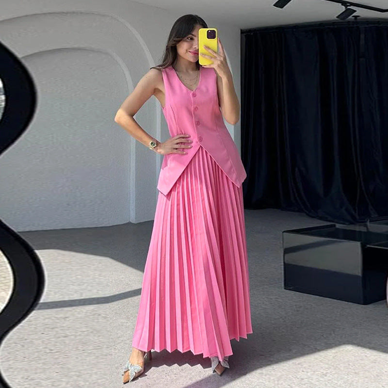 Vireous Tailored Pleated Dress, Elegant Women's Two-Piece Suit
