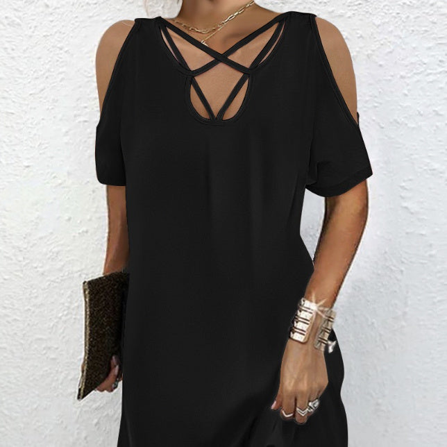 Vireous Simple Versatile Black Dress, Loose Short Sleeves with Hip Wrap