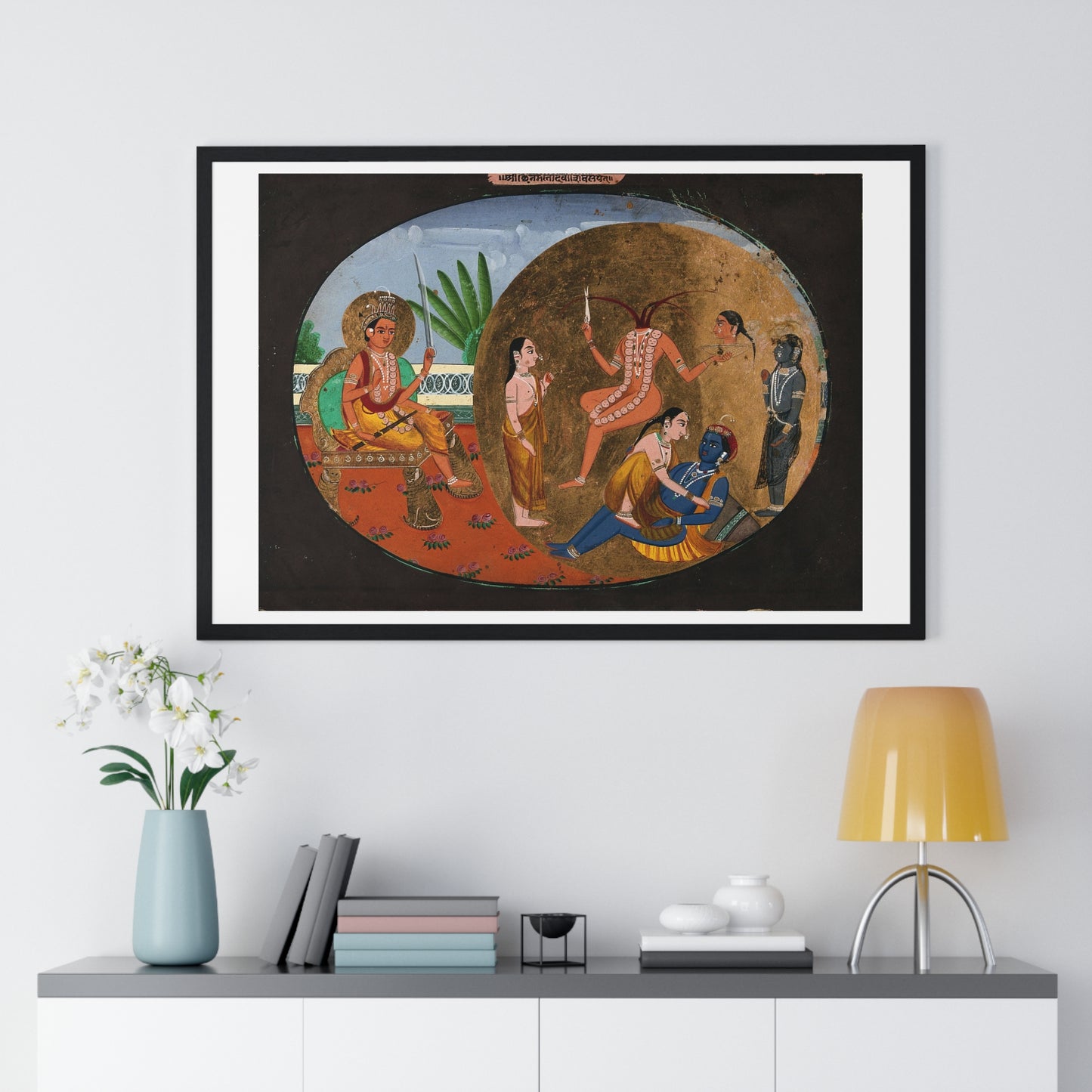Hindu Deities Shiva, Chhinnamasta, Kamadeva and Rati, 19th Century Gouache Painting by an Indian Artist, Framed Print