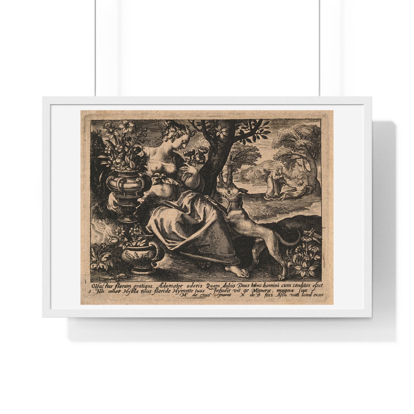 Woman in a Garden with Flowers, God Blows Spirit into Adam's Body, Reproduction Flemish Engraving, Framed Art Print