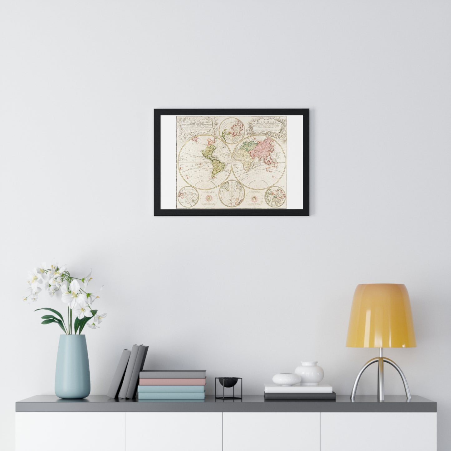Antique Map of the World, Planiglobii Terrestris, Mappa Universalis (1746) by Johann Baptist, from the Original, Framed Art Print