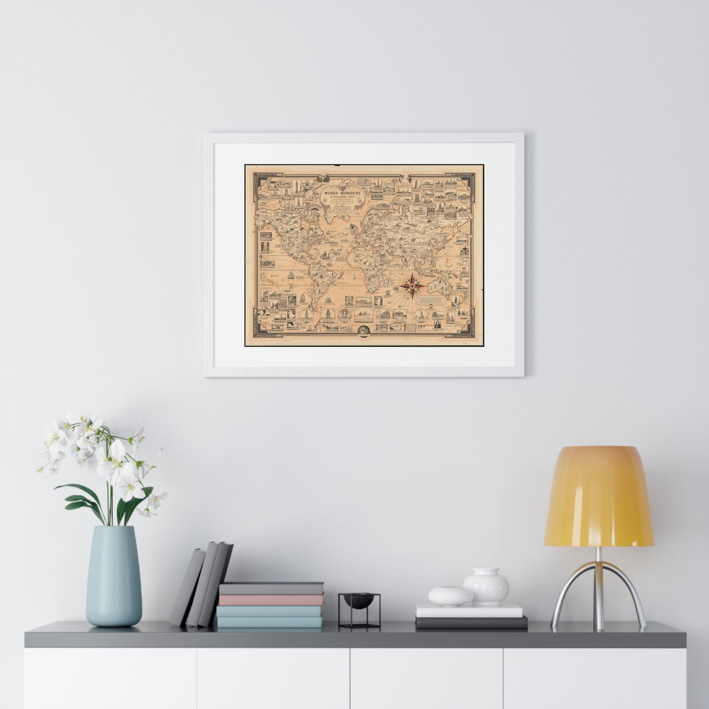World Wonders, Pictorial Map of the World (1939) by Ernest Dudley Chase, from the Original, Framed Art Print