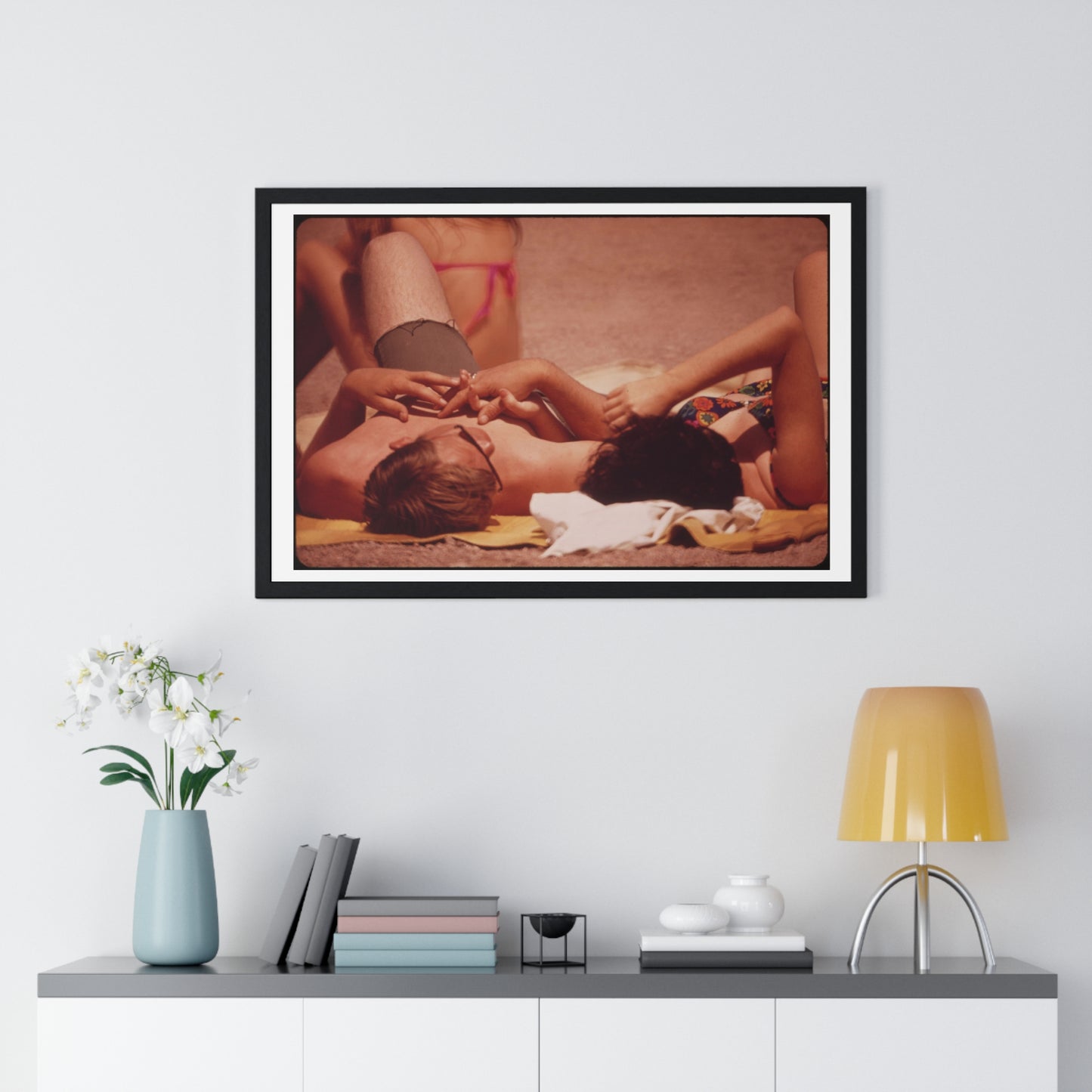 Sunning on the Lake Shore ( 1972) Vintage Photography by Charles O'Rear, Framed Print