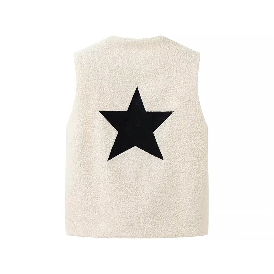 Women's Loose Lamb Wool Round-Neck Vest Top Gilet, Star Design