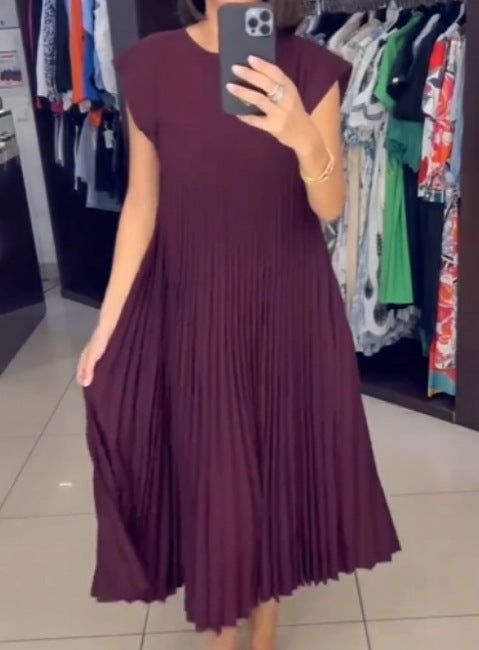 Vireous Sleeveless Pleated Long Dress Round Neck, Multi Colours