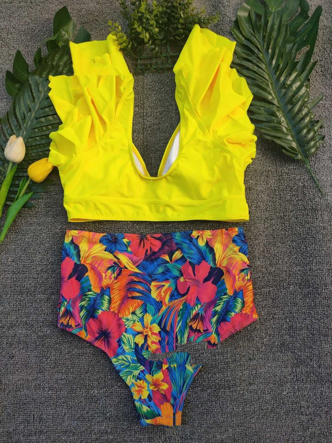 Ruffles Two-Piece Swimsuit, Printed Split Bikini Women's Swimwear