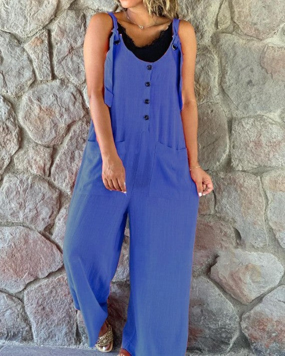 Linen Casual Button Suspender Women's Pants Suit, Plus Sizes
