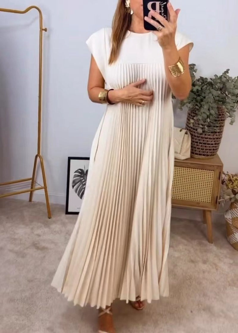 Vireous Sleeveless Pleated Long Dress Round Neck, Multi Colours