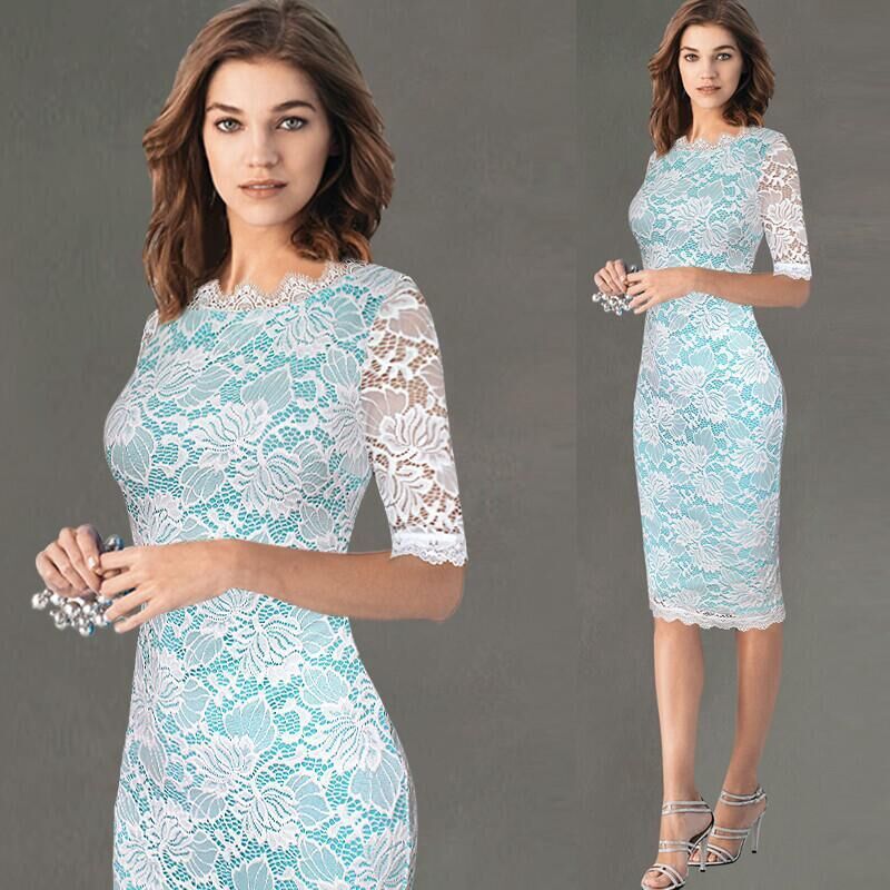 Vireous Floral Lace Overlay Sheer Half-Sleeve Dress