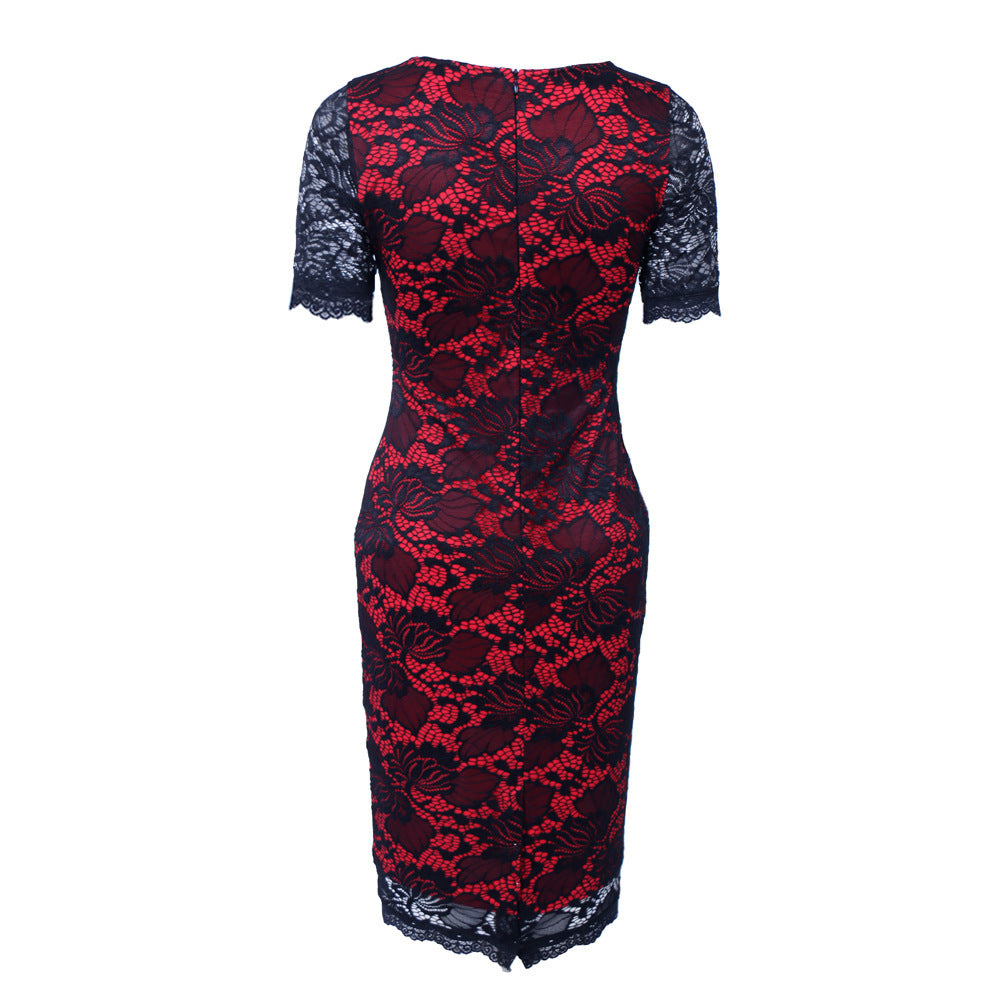 Vireous Floral Lace Overlay Sheer Half-Sleeve Dress