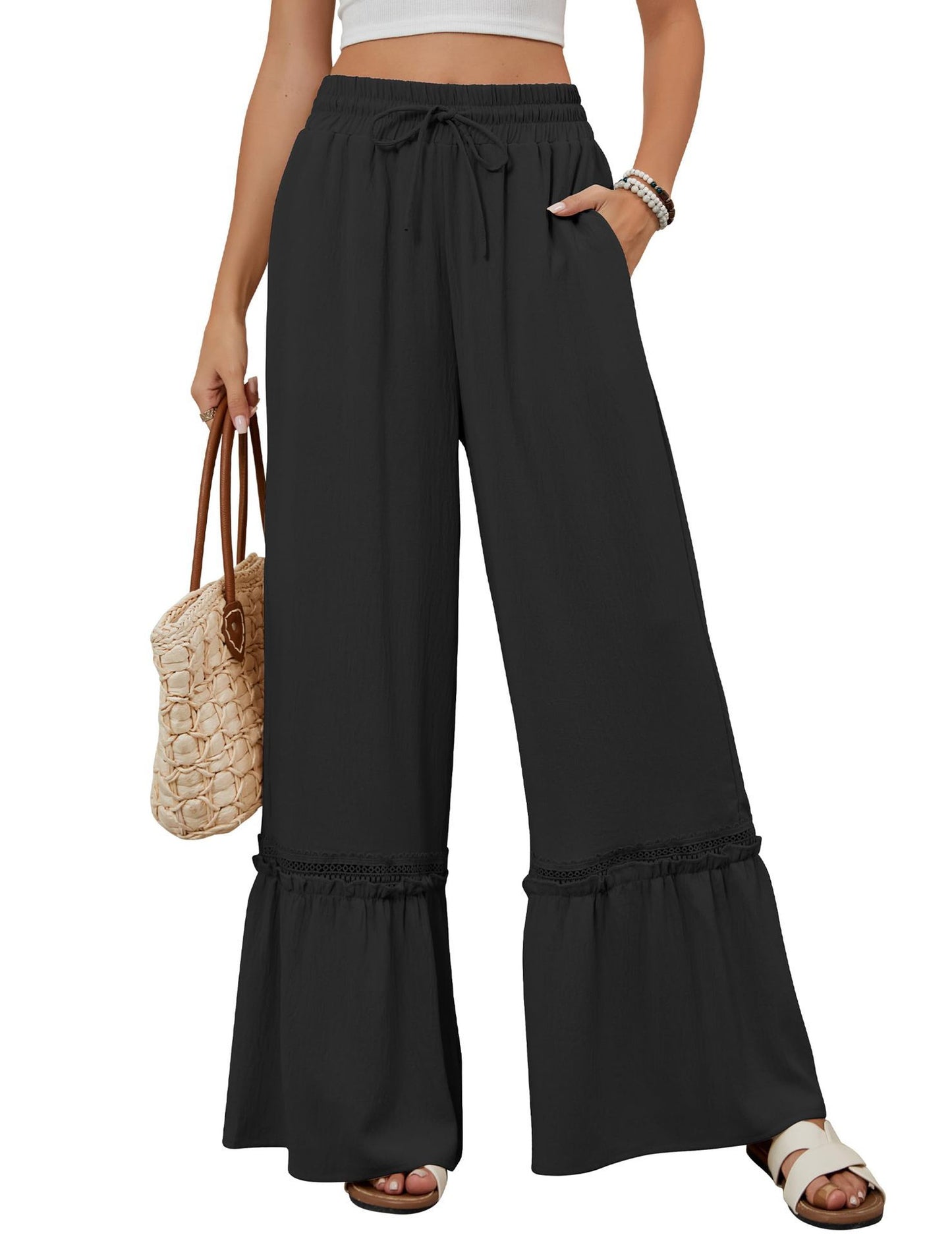 High-Waist Casual Pants, Women's Drawstring Wide-Leg Trousers