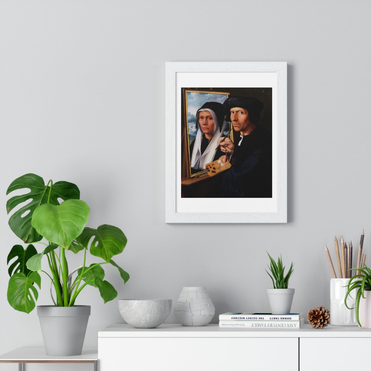 Jacob Cornelisz van Oostsanen Painting a Portrait of His Wife (circa 1550) by Dirck Jacobsz, from the Original, Framed Print