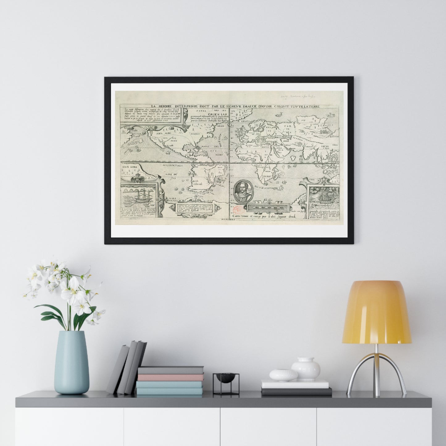 Francis Drake's World Voyage, Tudor Antique Map (circa 1581) from the Original, Framed Print