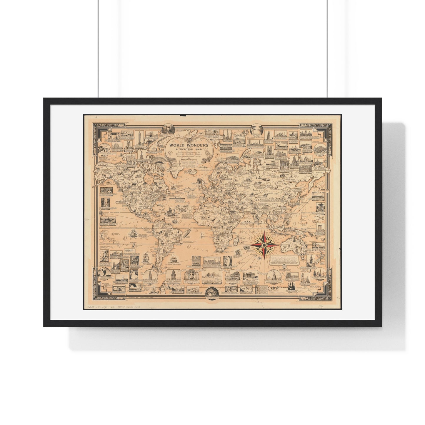 World Wonders, Pictorial Map of the World (1939) by Ernest Dudley Chase, from the Original, Framed Art Print