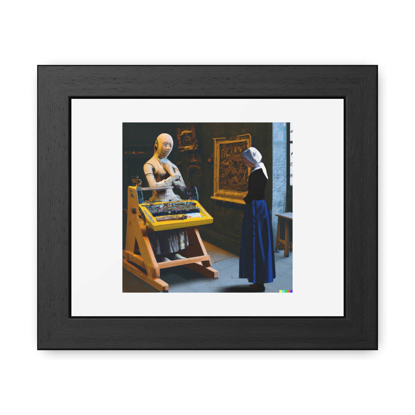 Young Woman Standing At A Virginal With A Robot Machine In The Style Of Johannes Vermeer 'Designed by AI' Wooden Framed Print