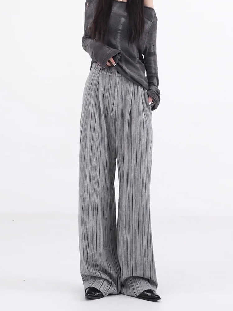 Vireous Ribbed Very Loose Women's Casual Pants, Pleated Mop Wide Leg
