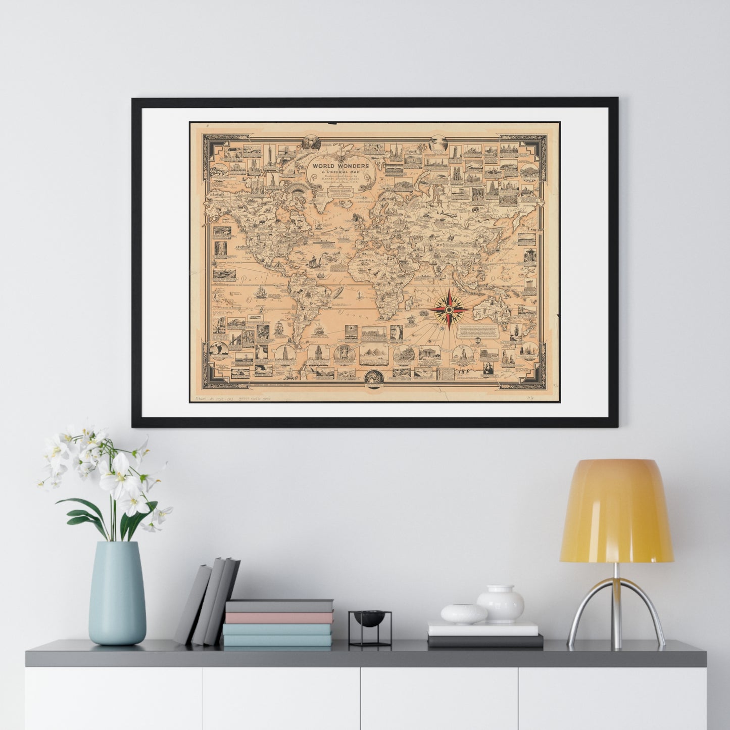 World Wonders, Pictorial Map of the World (1939) by Ernest Dudley Chase, from the Original, Framed Art Print