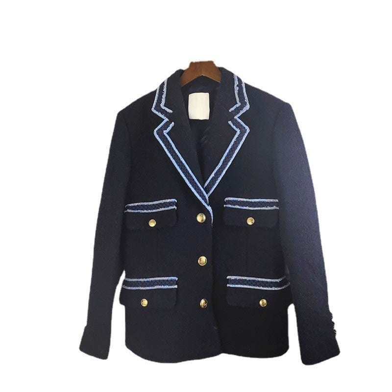 Vireous Blue Contrast-Piping Tweed Women's Luxury Blazer Jacket