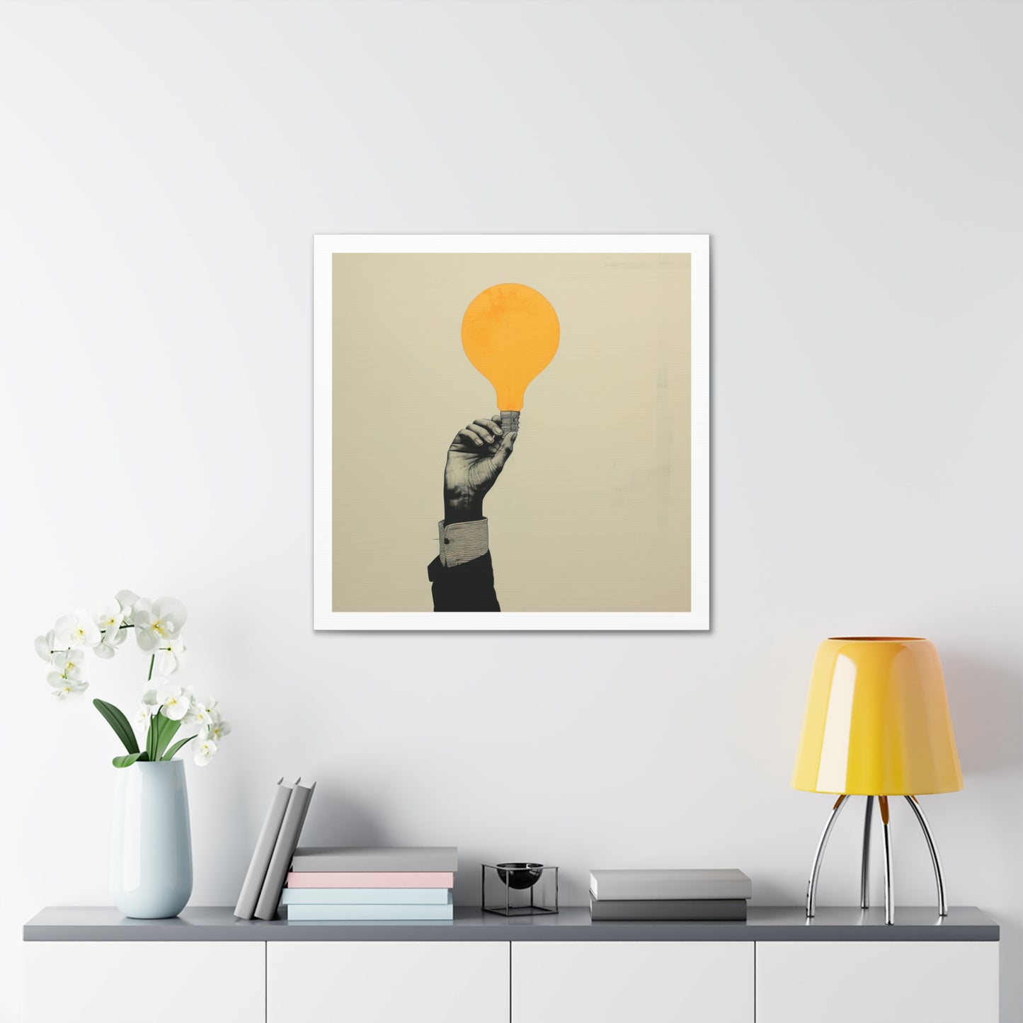 Innovation Hand Holding Light Bulb 'Designed by AI' Art Print on Canvas