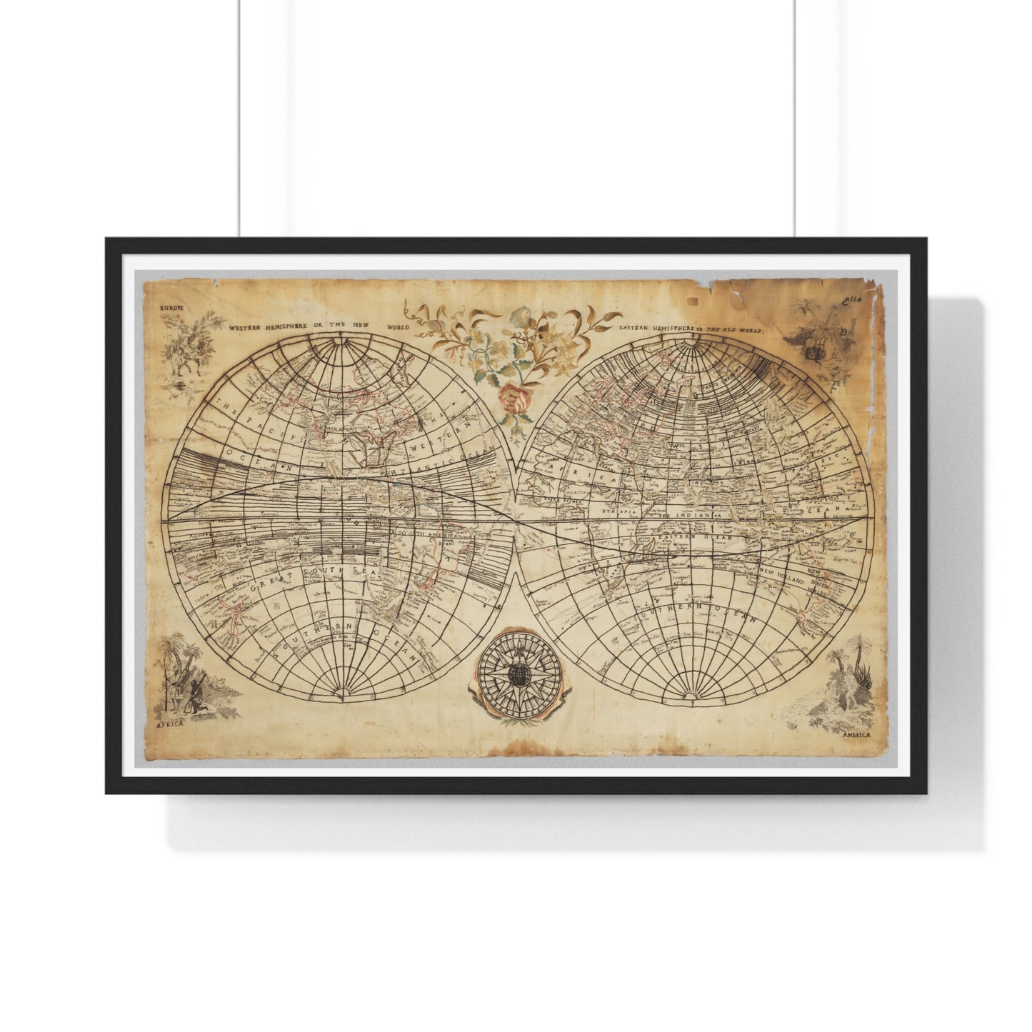 Antique Textile World Map Sampler (1790s) from the Original, Framed Print