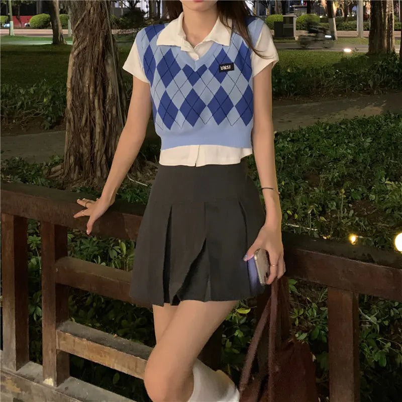 Jacquard-Knit Blue Cropped Women's Tank Top