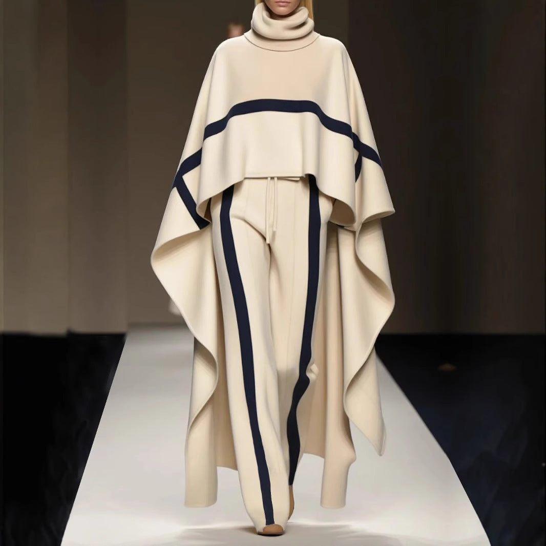 Loose Shawl Women's Cloak Turtleneck Pants Suit, Plus Sizes