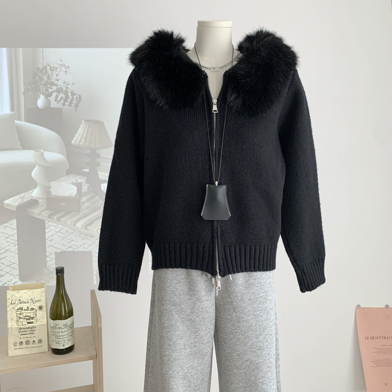 Vireous Fur Hooded Short Women's Fashion Knitted Cardigan