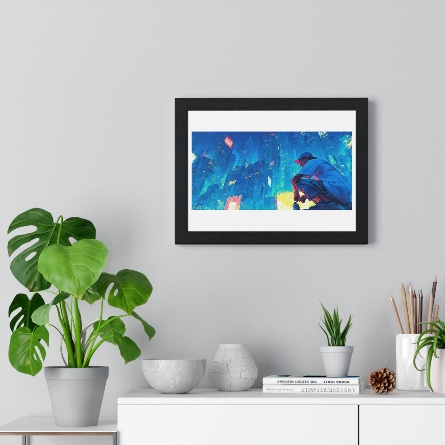 Cosmic Cityscape at Sunset 'Designed by AI', Framed Art Print