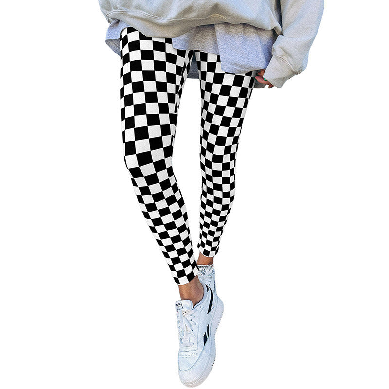 Fashion Trend Printed Black and White Checkerboard Leggings