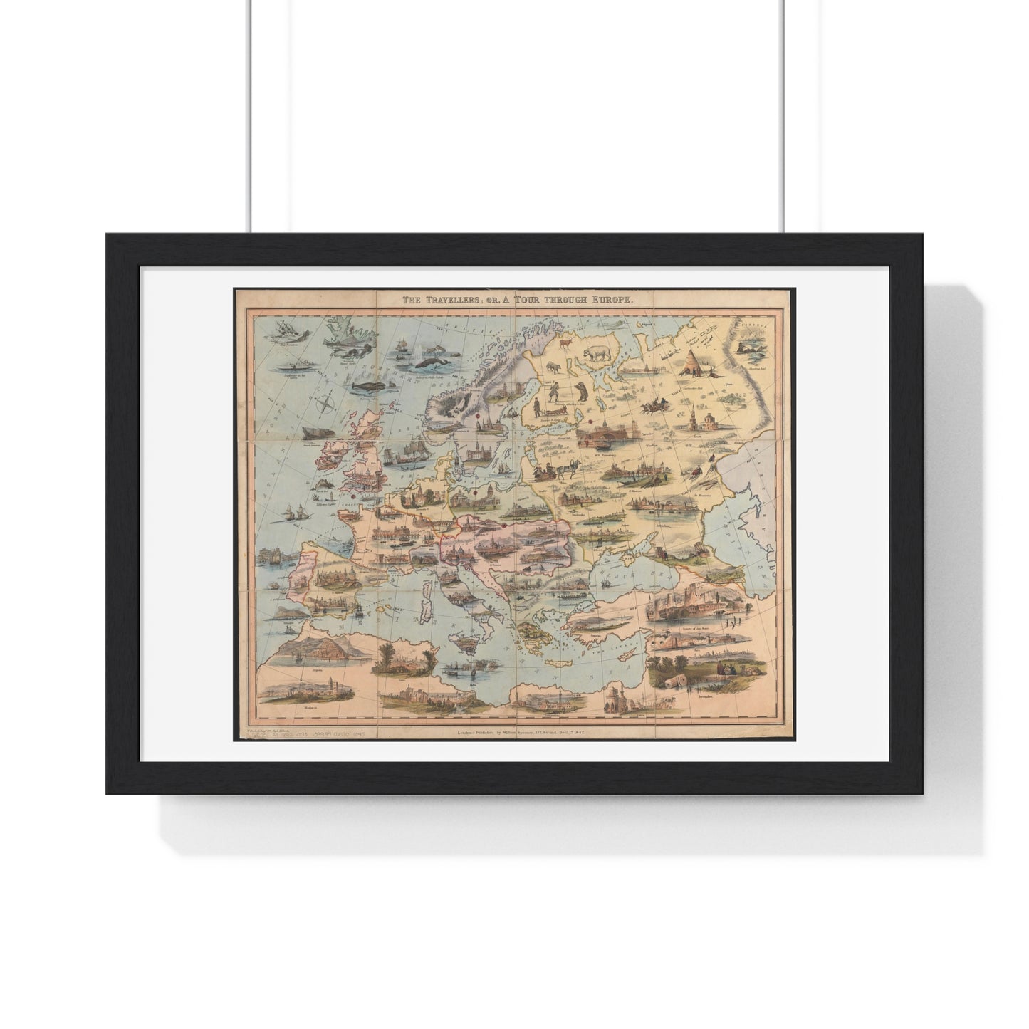 Map of the World 'The Travellers or a Tour Through Europe' (1842) by William Spooner, from the Original, Framed Art Print