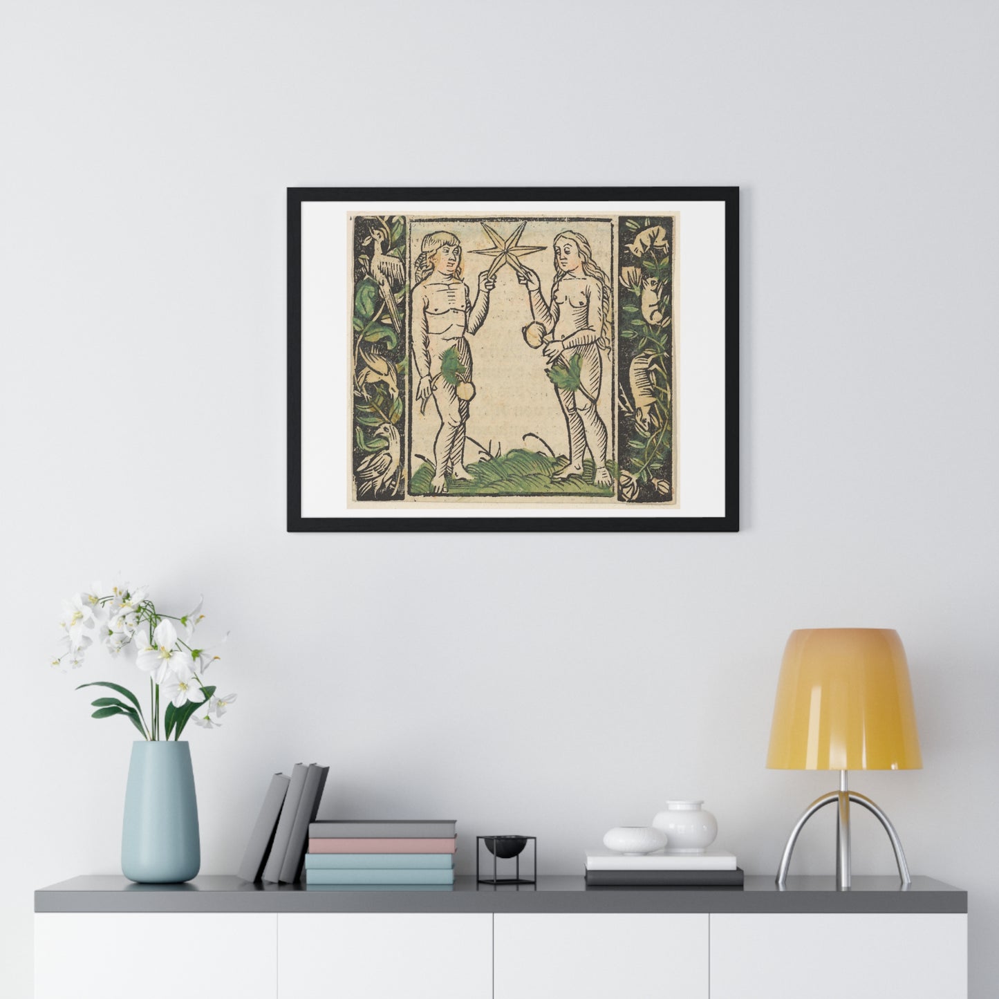 Adam and Eve Holding a Star, Illustration from 'Beschlossen Gart des Rosenkranz Mariae' by Hans Baldung, from the Original, Framed Art Print