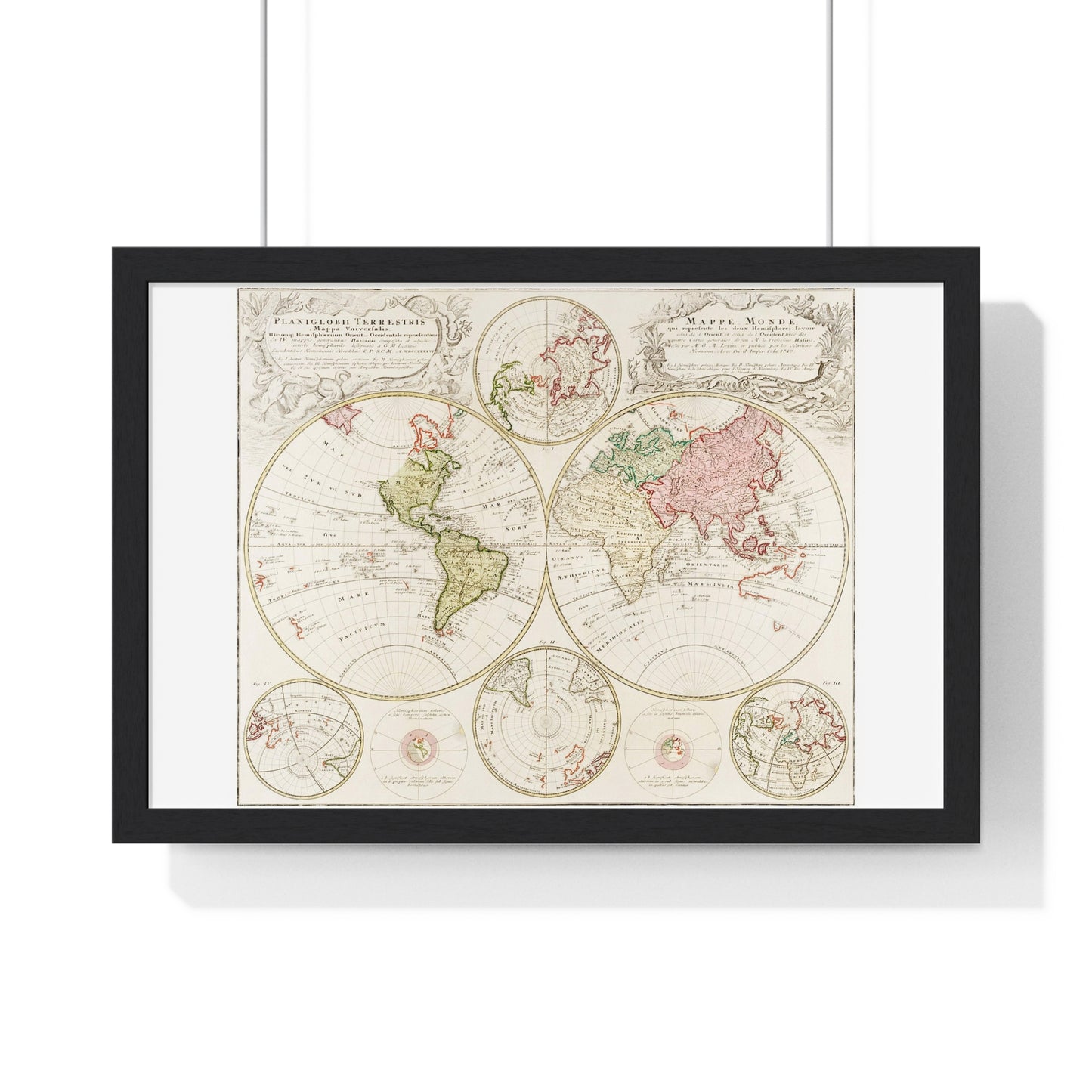 Antique Map of the World, Planiglobii Terrestris, Mappa Universalis (1746) by Johann Baptist, from the Original, Framed Art Print