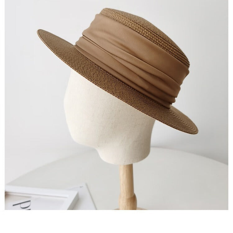 Flat Straw Hat, Women's French Woven 'Top Hat', Seaside Summer Travel Brimmed Hat