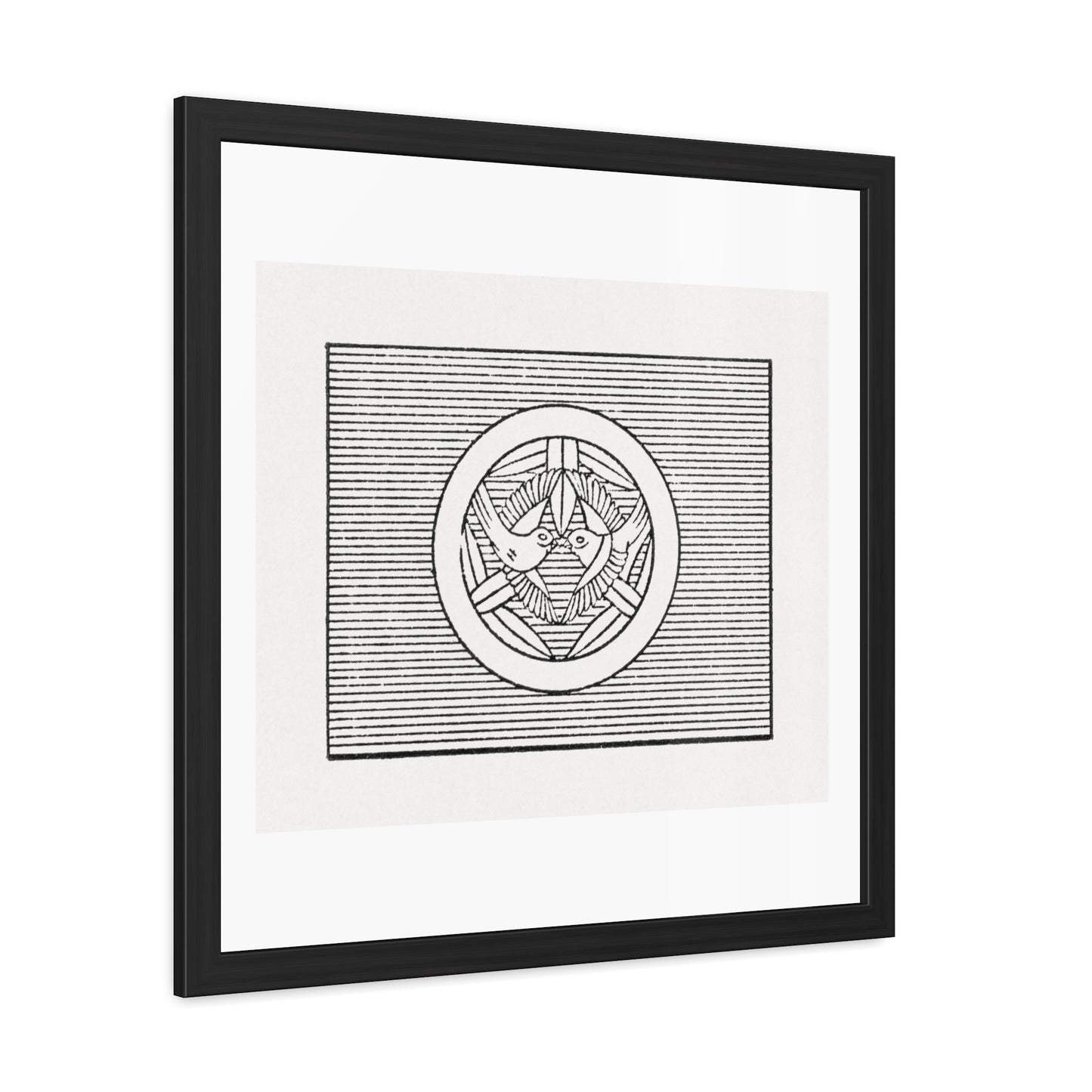 Antique Print of Japanese Birds, Flag Symbol Illustration, from the Original, Wooden Framed Print