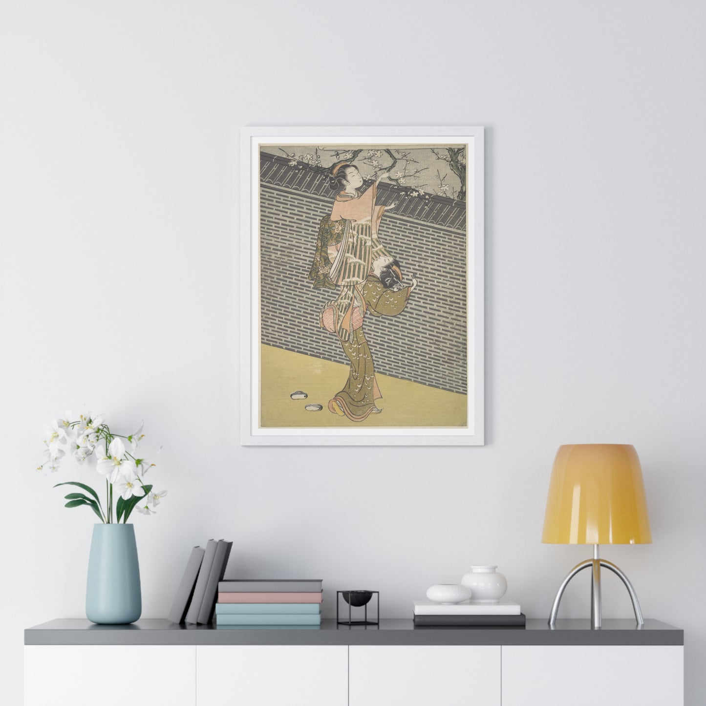 Plucking a Branch from a Neighbour's Plum Tree (1768) Japanese Illustration by Suzuki Harunobu, from the Original, Framed Print