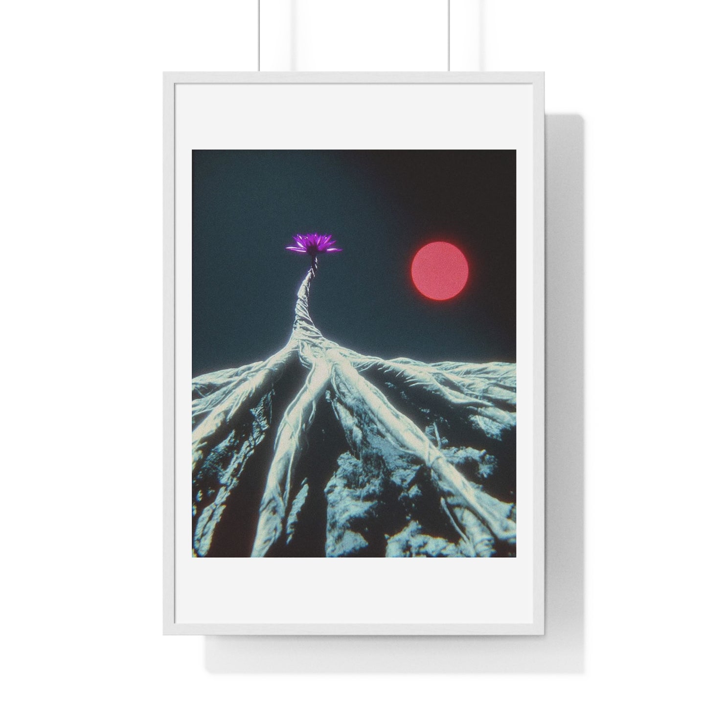 One Purple Flower Growing From Frozen Tundra Against a Red Sun 'Designed by AI' Framed Art Print