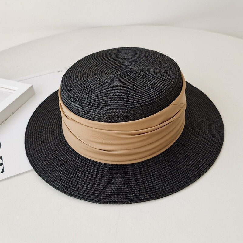 Flat Straw Hat, Women's French Woven 'Top Hat', Seaside Summer Travel Brimmed Hat