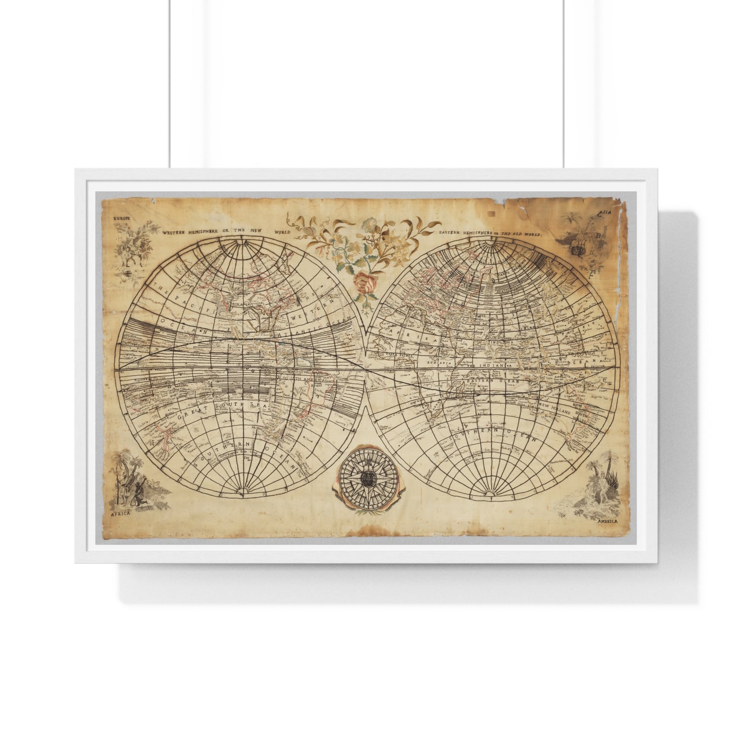 Antique Textile World Map Sampler (1790s) from the Original, Framed Print