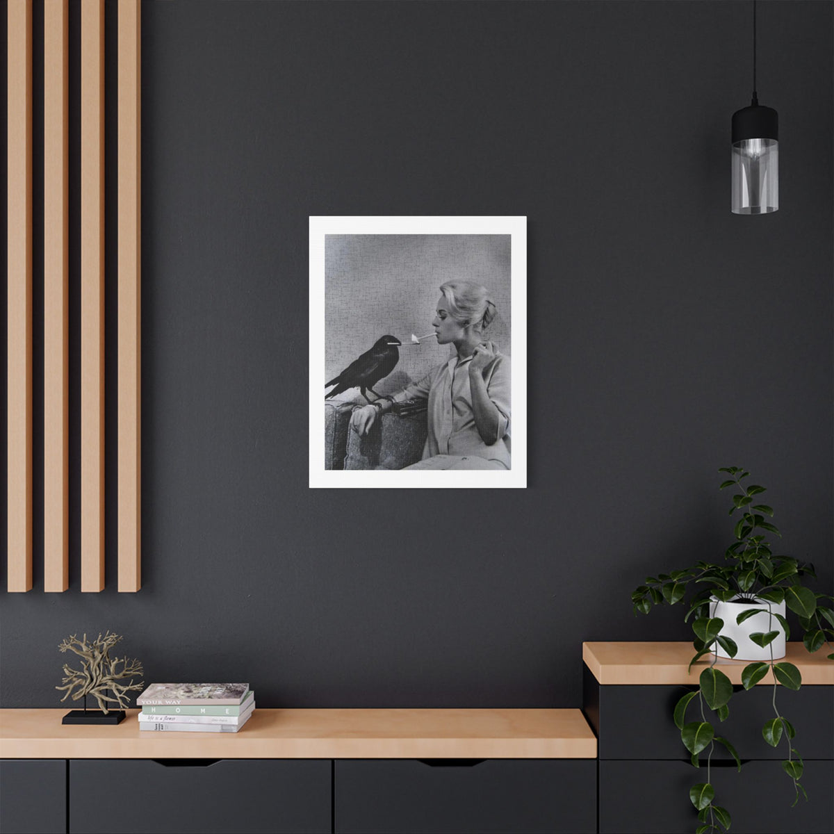 The Woman and the Raven, Retro Art Print on Satin Canvas, Stretched
