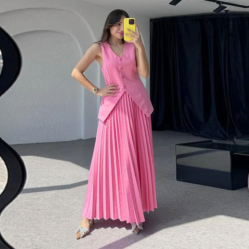 Vireous Tailored Pleated Dress, Elegant Women's Two-Piece Suit