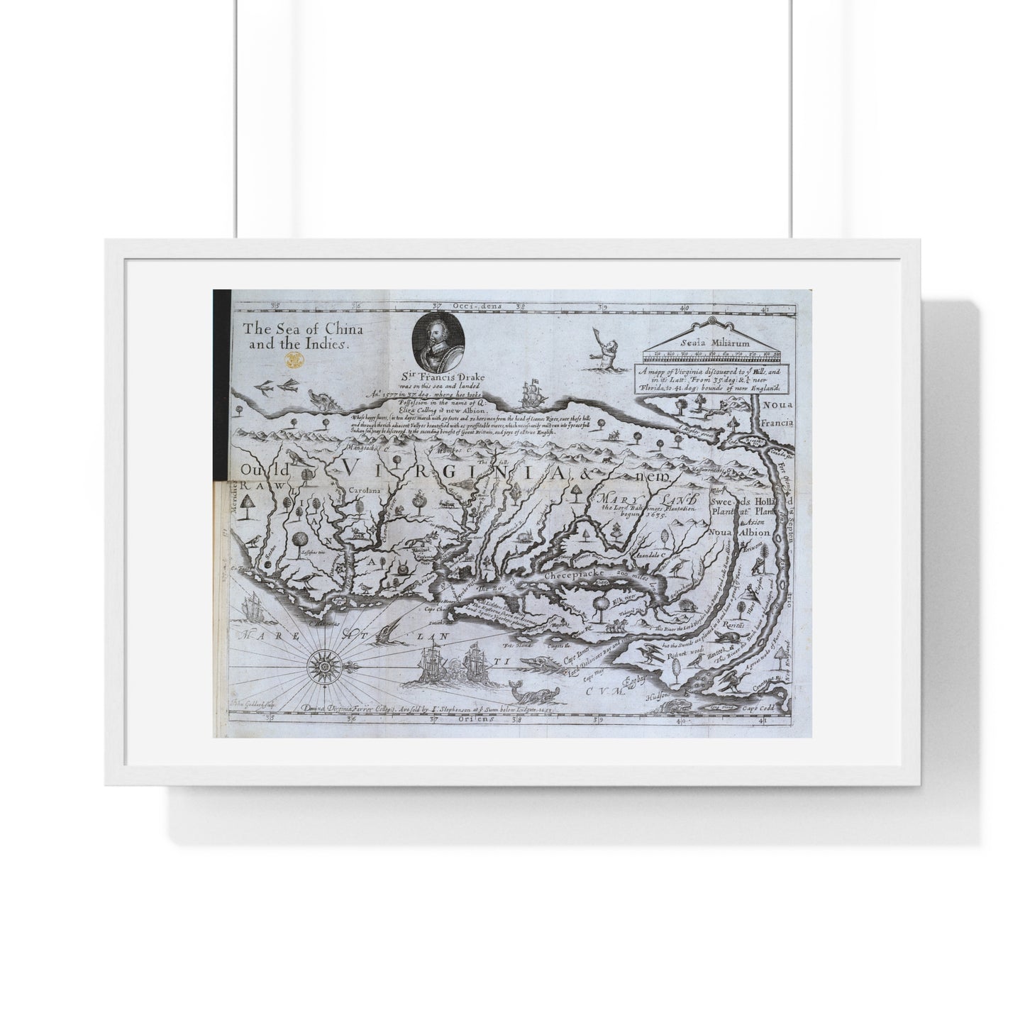 Antique Map of Virginia 'The Discovery of New Brittaine' (1651) from the Original Drake Manuscript, Framed Print