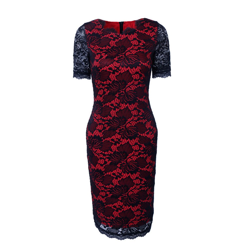 Vireous Floral Lace Overlay Sheer Half-Sleeve Dress