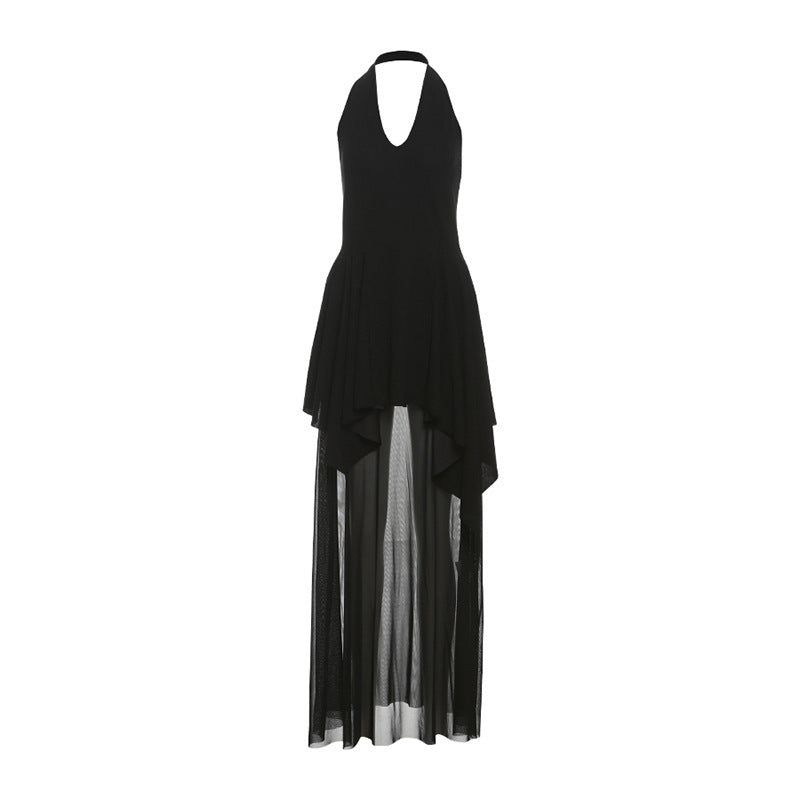 French Style V-Neck Girdle Layered Mesh Black Formal Dress