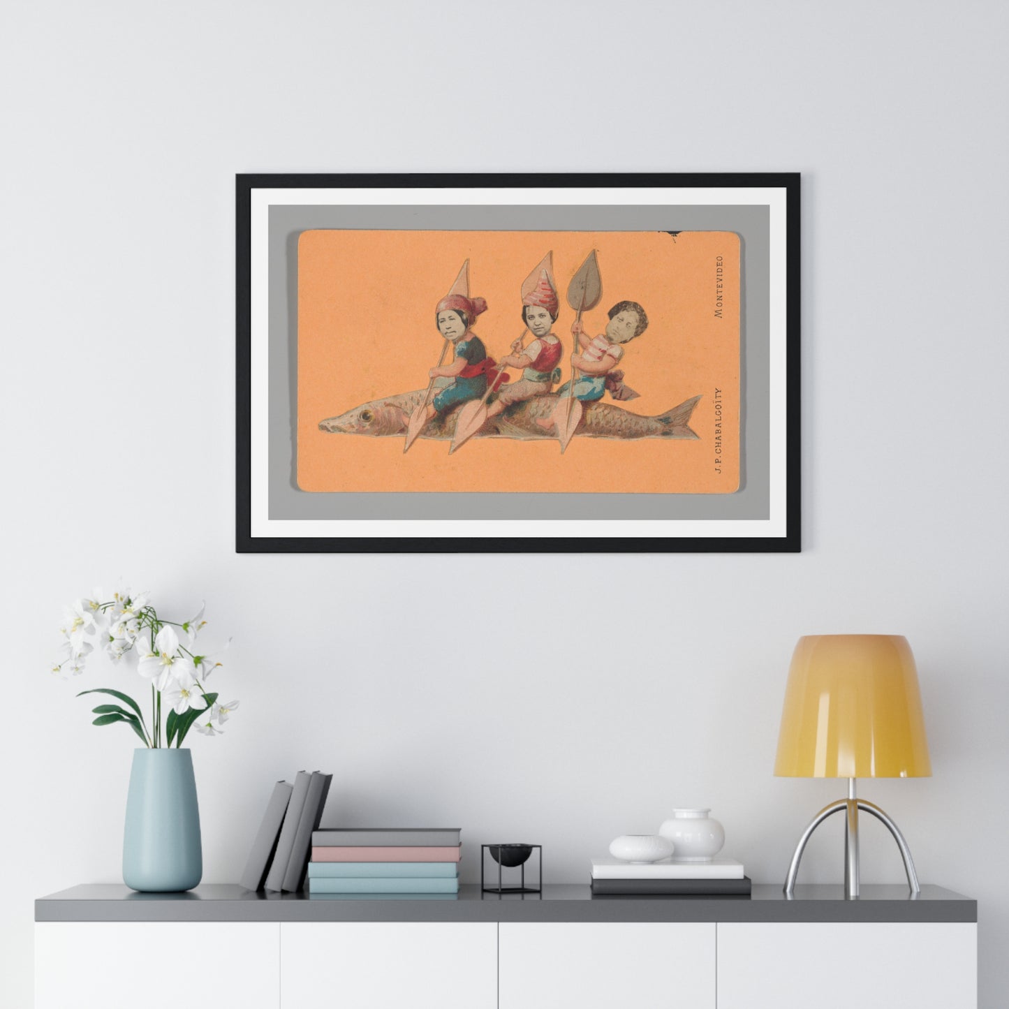 Uruguayan Photo Collage, Three People Holding Oars, Sitting on a Large Fish (circa 1875) Framed Art Print