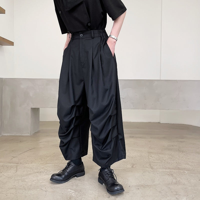 High Street Trendy, Dark Pleated Cropped Stage Wear Casual Unisex Pants